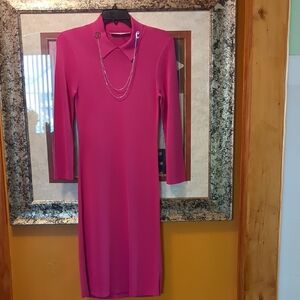 Fuchsia Power Knit Midi Dress with Collar Detail